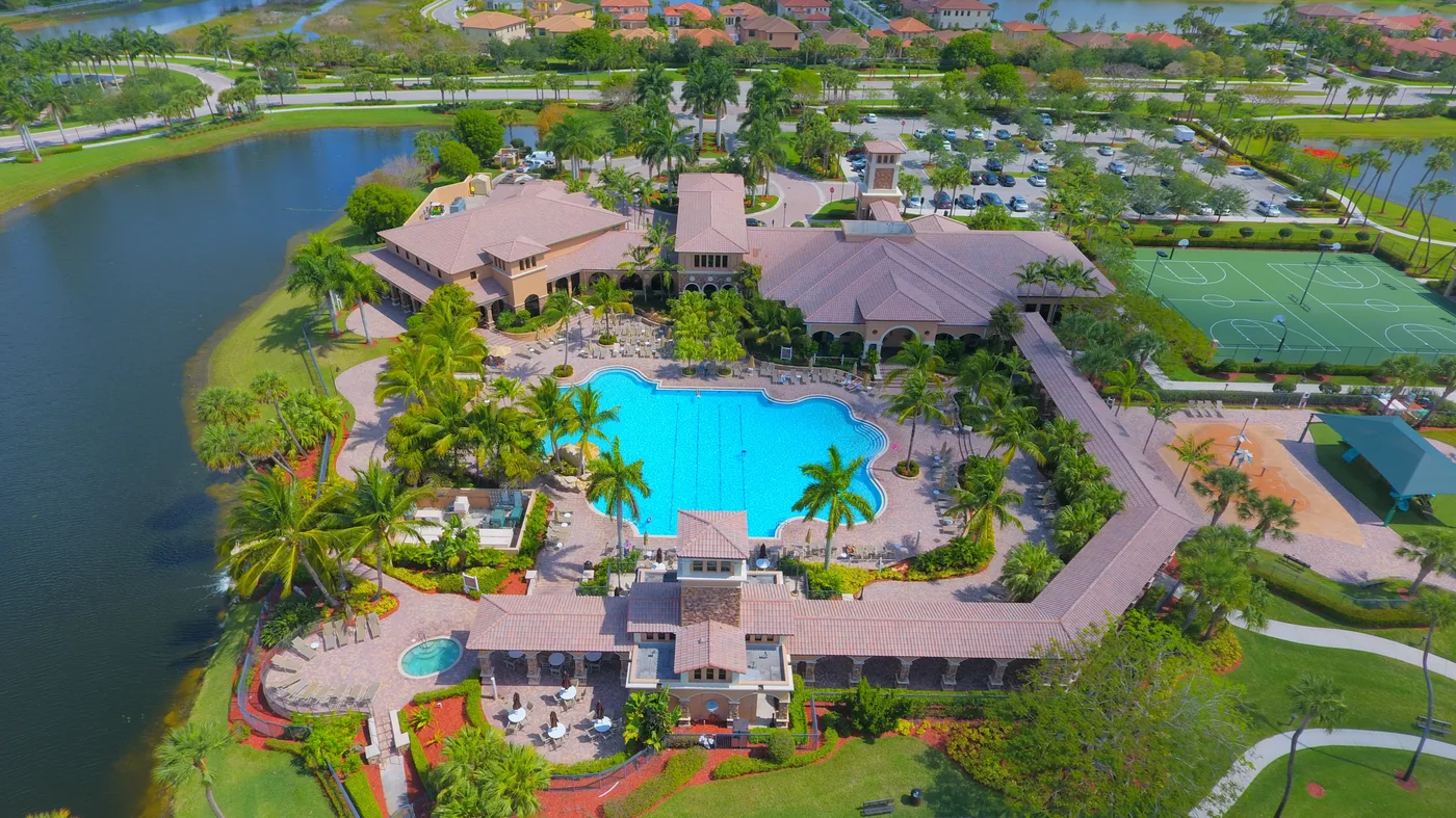 Aerial view of a South Florida community clubhouse and pool